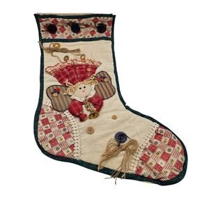 Vintage quilted style Christmas Stocking applique Buttons angel 21" large